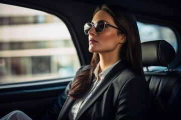 Businesswoman wearing sunglasses is traveling in the backseat of luxury car and looking out the window