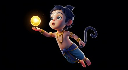 A cute 3d animated character of bal hanuman flying through the air, reaching for a glowing golden sun orb with a surprised expression