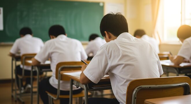 Students taking exam in classroom education system in Asia