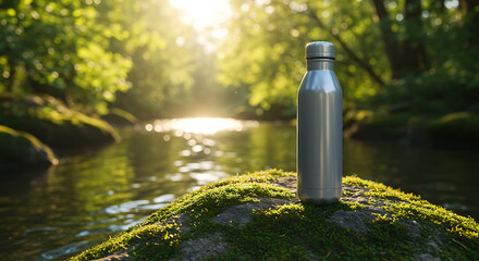 Reusable water bottle on mossy rock by stream with sunlit forest background promoting sustainable lifestyle and hydration