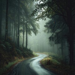 Fototapeta premium A winding, empty country road in a misty forest. Landscape photography, atmospheric. Diffused, soft light through the fog, mysterious and tranquil mood. Tall trees line the road.