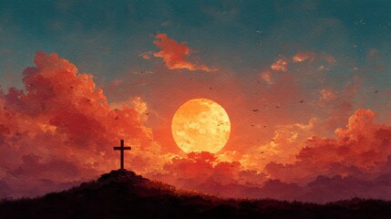 Medium close-up of a cross silhouette on a golden sunny background