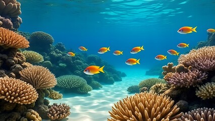 Underwater Tropical Coral with colorful sea fish. The world's marine life. Tropical colored seascape. Coral reef. Diving.