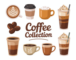 Diverse Coffee Collection Illustration Featuring Espresso Latte Cappuccino and Frappuccino Drinks for Cafe and Restaurant Menus