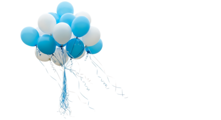 Blue and white balloons with curling ribbons isolated on a transparent background party