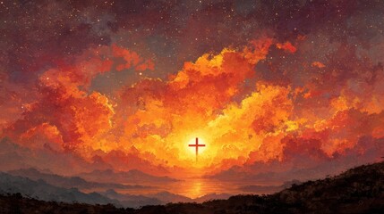 Medium close-up of a cross silhouette on a golden sunny background