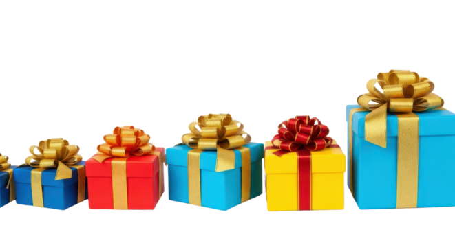 Row of wrapped gift boxes of various sizes with golden ribbons isolated PNG with Transparent Background