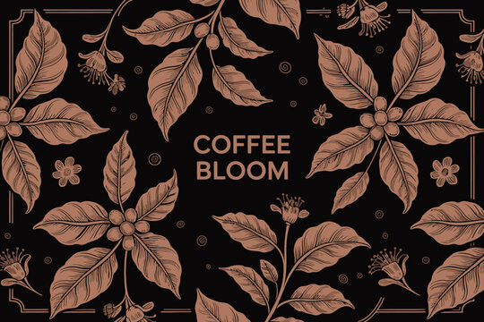 Elegant Coffee Bloom Illustration with Brown Leaves and Flowers on Black Background for Branding and Design Projects
