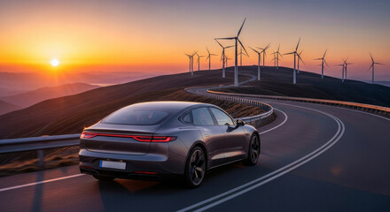 A sleek electric car drives along a winding road towards a horizon illuminated by a vibrant sunset, with a field of wind turbines in the background.
