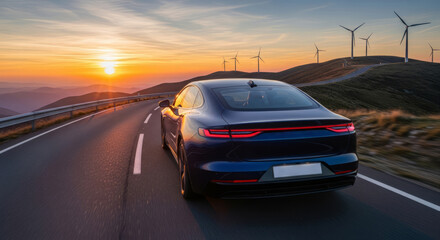 A sleek, dark blue electric car drives along a winding road towards a vibrant sunset, with a field of wind turbines visible on the rolling hills in the background.