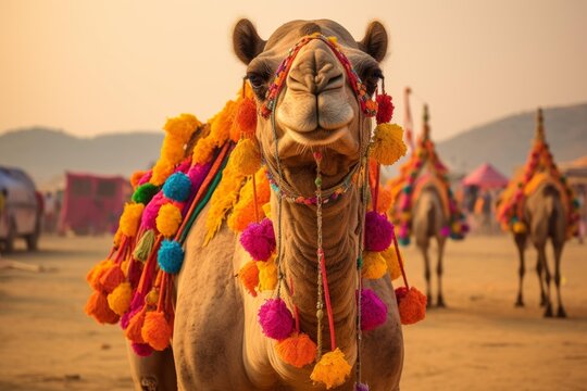 Close up of a decorated camel during the annual pushkar camel fair in rajasthan, india