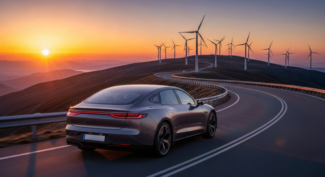 A sleek electric car drives along a winding road towards a horizon illuminated by a vibrant sunset, with a field of wind turbines in the background. - Powered by Adobe