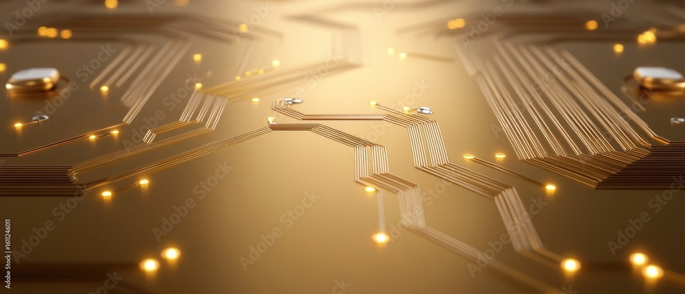 Poster golden circuit board with glowing pathways on a smooth surface