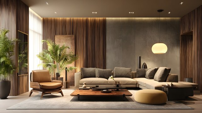 Luxury interior background featuring cozy modern living room with warm lighting wooden furniture and plush textures elegant lifestyle and home design stock
