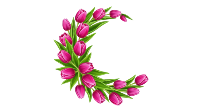 Crescent moon shape made of pink tulips and green leaves isolated PNG with Transparent Background