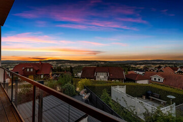 beautiful areal view of typical norwegian village from above with luxury villas sea fishermen's houses and boats. 
fishing village
