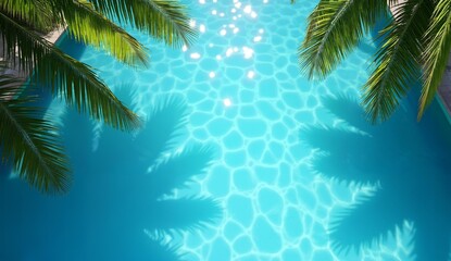 Clear blue pool water with sunlight reflections and palm tree shadows