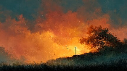 Medium close-up of a cross silhouette on a golden sunny background