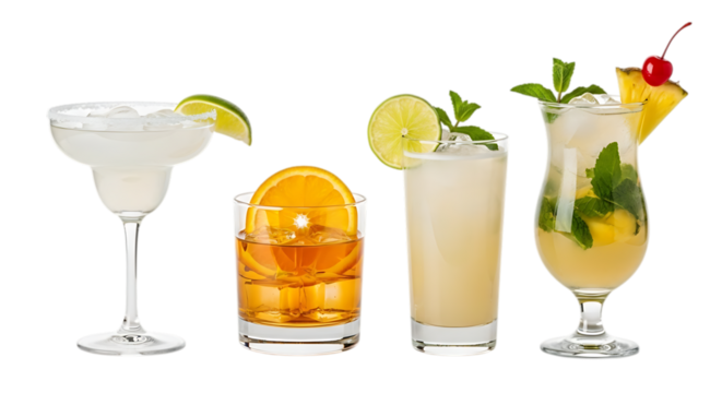 Four refreshing cocktails with fruit and mint garnishes isolated on a transparent background drinks