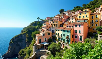 Colorful Coastal Village Nestled on a Cliffside Overlooking the Sea