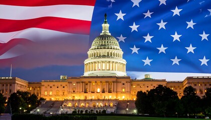 United States Capitol Building illuminated against the backdrop of American flag