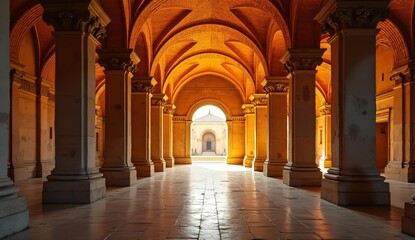 Obraz premium Grand Arched Corridor with Warm Lighting and Symmetrical Columns
