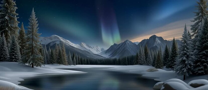 Aurora Borealis over Serene Lake: The mesmerizing Aurora Borealis dances across a starlit sky, casting vibrant hues over a tranquil lake, bordered by snow-covered mountains and evergreen trees.