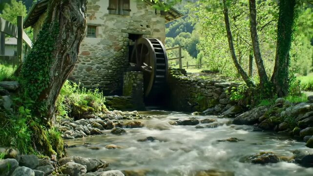Rustic watermill nestled in a lush green valley