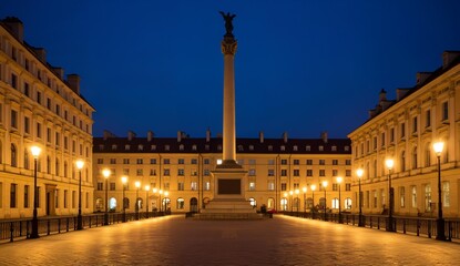 Evening view of a grand square with a central column monument and symmetrical buildings