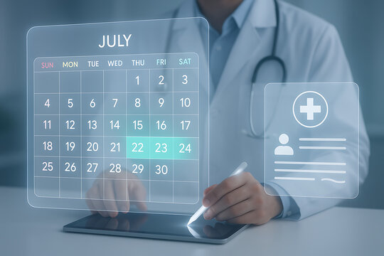 Doctor scheduling healthcare appointments using futuristic digital calendar interface with patient data and medical record system for seamless hospital management and telemedicine services