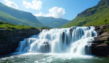 Fototapeta premium Spectacular Multi-Level Waterfall Cascading Through Lush Green Mountains