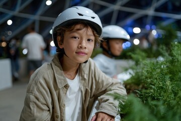 Two children wearing helmets in a unique dome structure, showcasing a playful atmosphere while highlighting safety in exploratory learning environments for young minds.