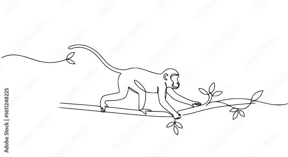 Poster monkey walking on a branch with leaves in single line outline vector