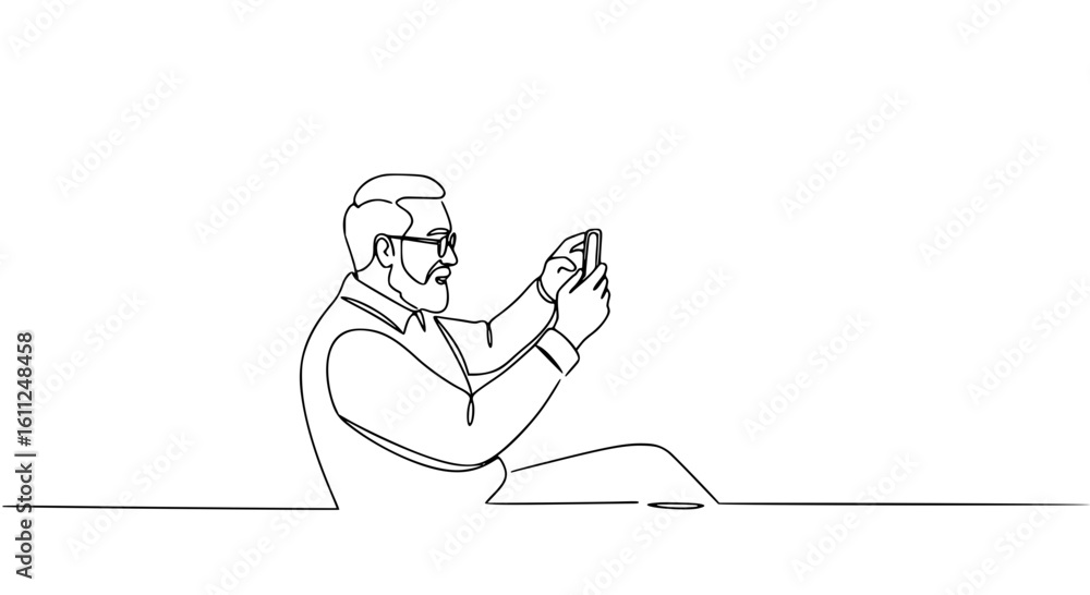Poster senior man sitting and using smartphone in single line outline vector