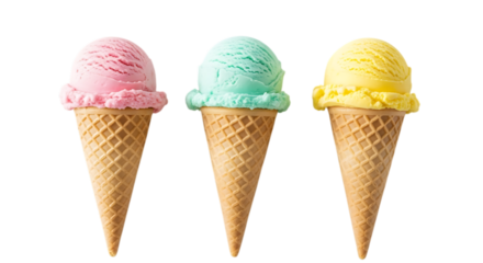 Pink mint yellow ice cream cones isolated on a transparent background image