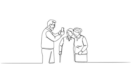 Elderly man showing smartphone to two seniors with smiles in outline vector  