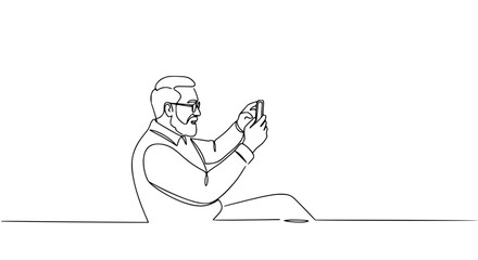 Fototapeta premium Senior man sitting and using smartphone in single line outline vector 