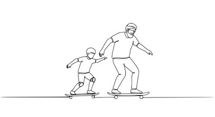 Father and son skateboarding together in a minimal outline style  