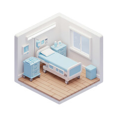 A serene and minimalist isometric illustration showcases a clean hospital room with medical equipment and a patient bed.