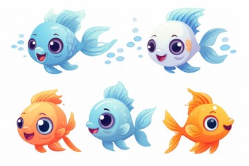 Six adorable cartoon fishes, in blue and orange colors, are swimming underwater and blowing bubbles