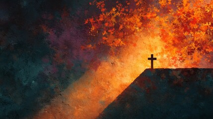 Medium close-up of a cross silhouette on a golden sunny background