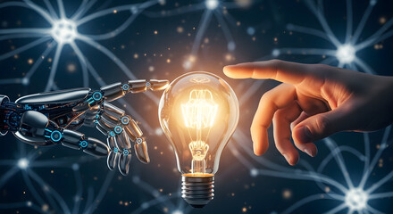 Artificial intelligence and human collaboration sparking creative solutions concept