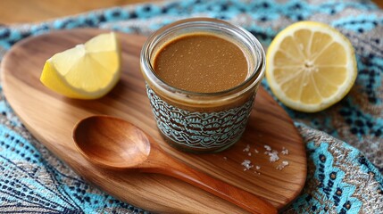 Delicious homemade tahini dressing with lemon on a wooden board, ready to use