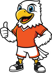 Cartoon eagle mascot wearing sports outfit, smiling and giving thumbs up, vector illustration of strong bird character for team branding
