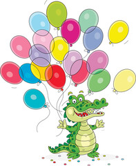 Cartoony green crocodile with colorful holiday balloons, vector cartoon illustration on a white background