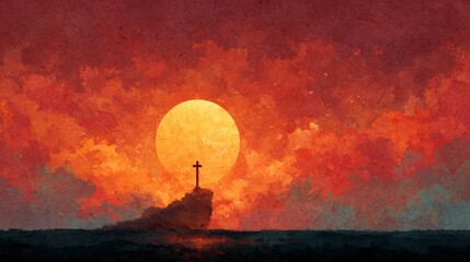 Medium close-up of a cross silhouette on a golden sunny background