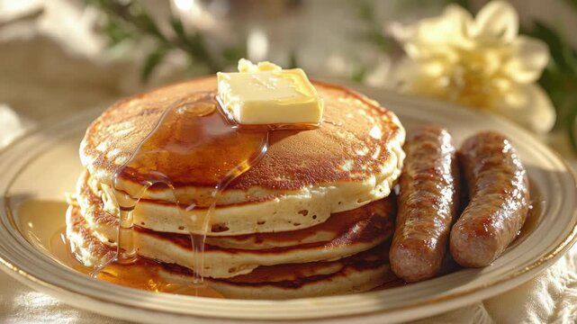 A plate of fluffy pancakes with syrup and sausage links, a classic American breakfast dish.