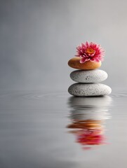 Explore Personal Growth Through Stacked Stones and a Blooming Flower on a Calm Reflective Surface in Tranquil Surroundings
