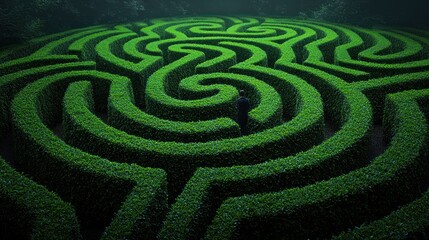Naklejka premium Person stands in a dense green shrub maze