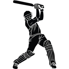 Dynamic Black and White Silhouette of a Cricket Batsman in Action Striking with Power and Skill